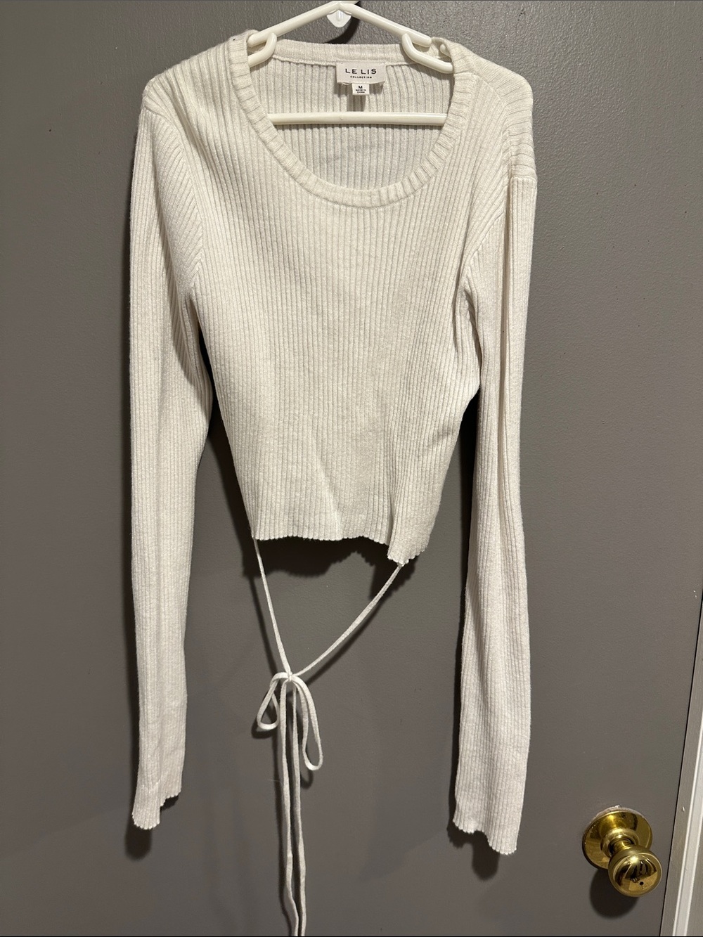 Le Lis Cream Ribbed Long Sleeve Tie-Front Crop Top